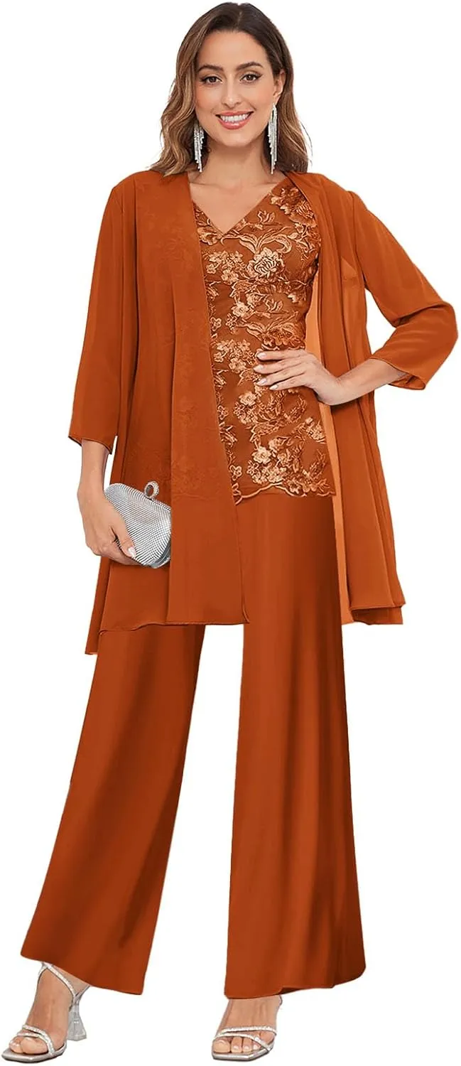 3 Pieces Mother of The Bride Pants Suits for Women Dressy with Jacket Chiffon Lace Applique Wedding Formal Outfit