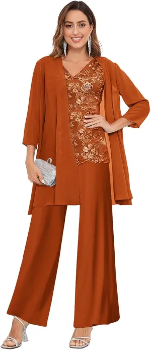 3 Pieces Mother of The Bride Pants Suits for Women Dressy with Jacket Chiffon Lace Applique Wedding Formal Outfit