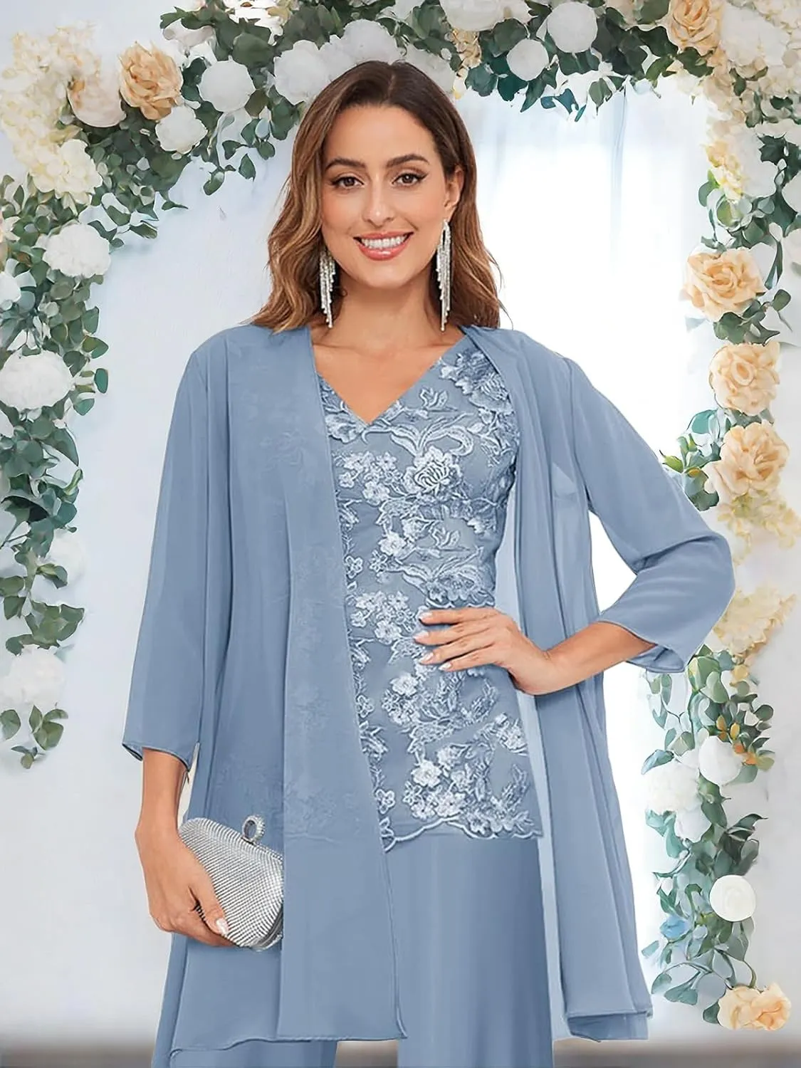 3 Pieces Mother of The Bride Pants Suits for Women Dressy with Jacket Chiffon Lace Applique Wedding Formal Outfit