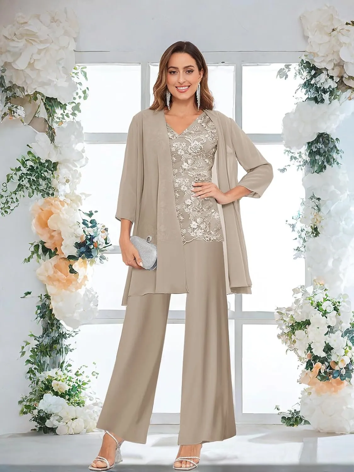 3 Pieces Mother of The Bride Pants Suits for Women Dressy with Jacket Chiffon Lace Applique Wedding Formal Outfit