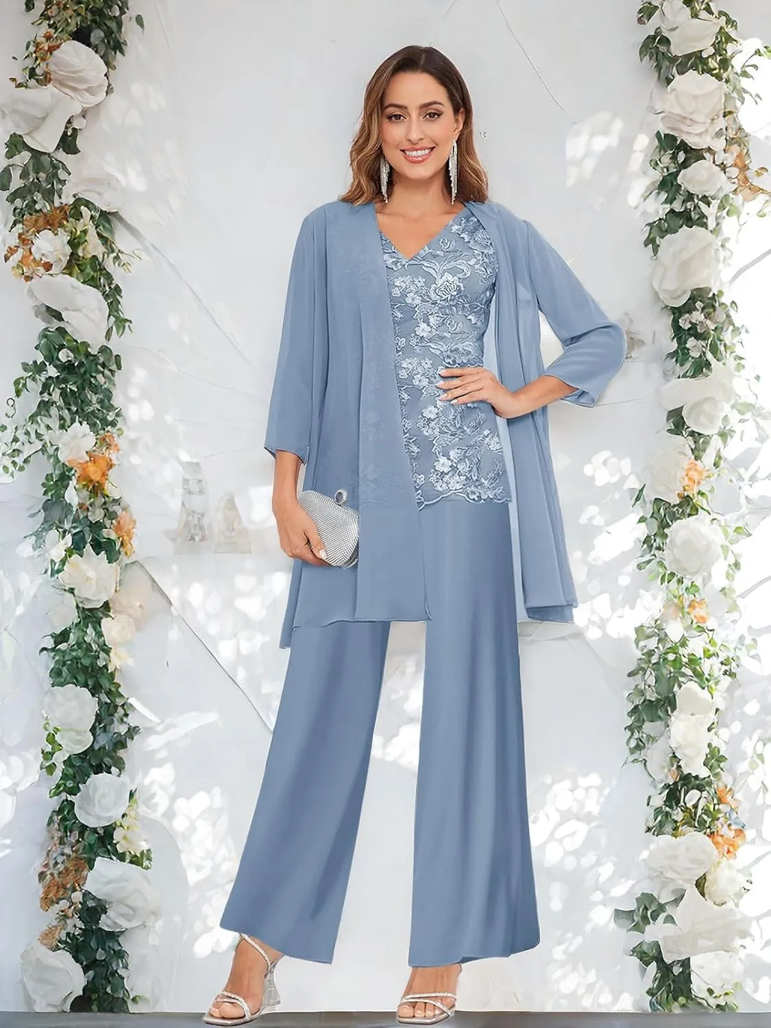 3 Pieces Mother of The Bride Pants Suits for Women Dressy with Jacket Chiffon Lace Applique Wedding Formal Outfit