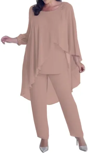 3 Pieces Pant Suits Mother of The Bride Dresses for Wedding Chiffon Beaded Formal Gowns with Sleeves
