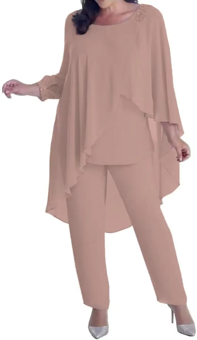 3 Pieces Pant Suits Mother of The Bride Dresses for Wedding Chiffon Beaded Formal Gowns with Sleeves