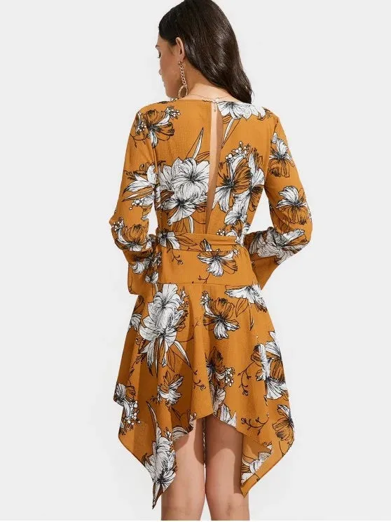 BerryBetty - Cheap Floral Print Belted Asymmetric Dress
