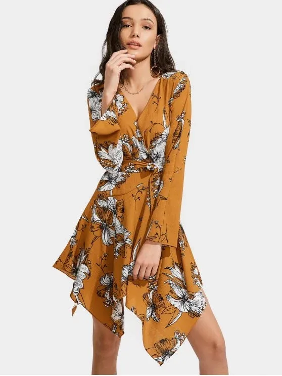 BerryBetty - Cheap Floral Print Belted Asymmetric Dress