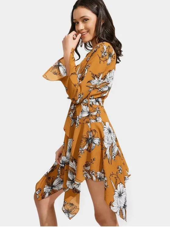 BerryBetty - Cheap Floral Print Belted Asymmetric Dress