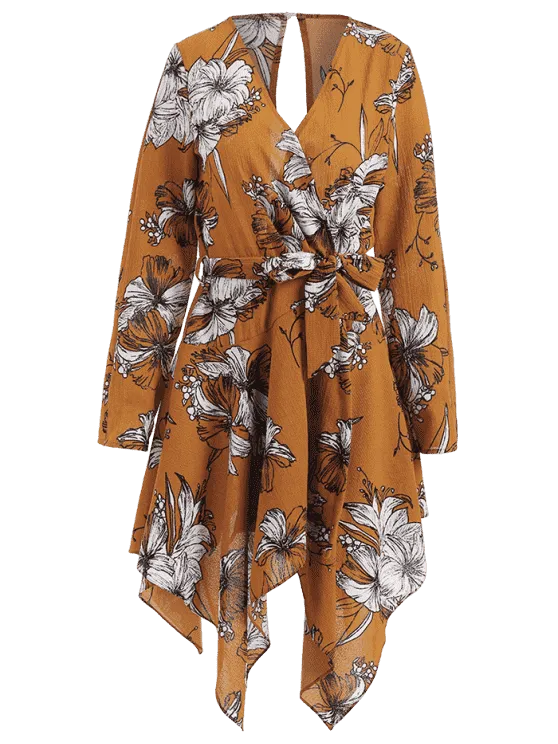 BerryBetty - Cheap Floral Print Belted Asymmetric Dress