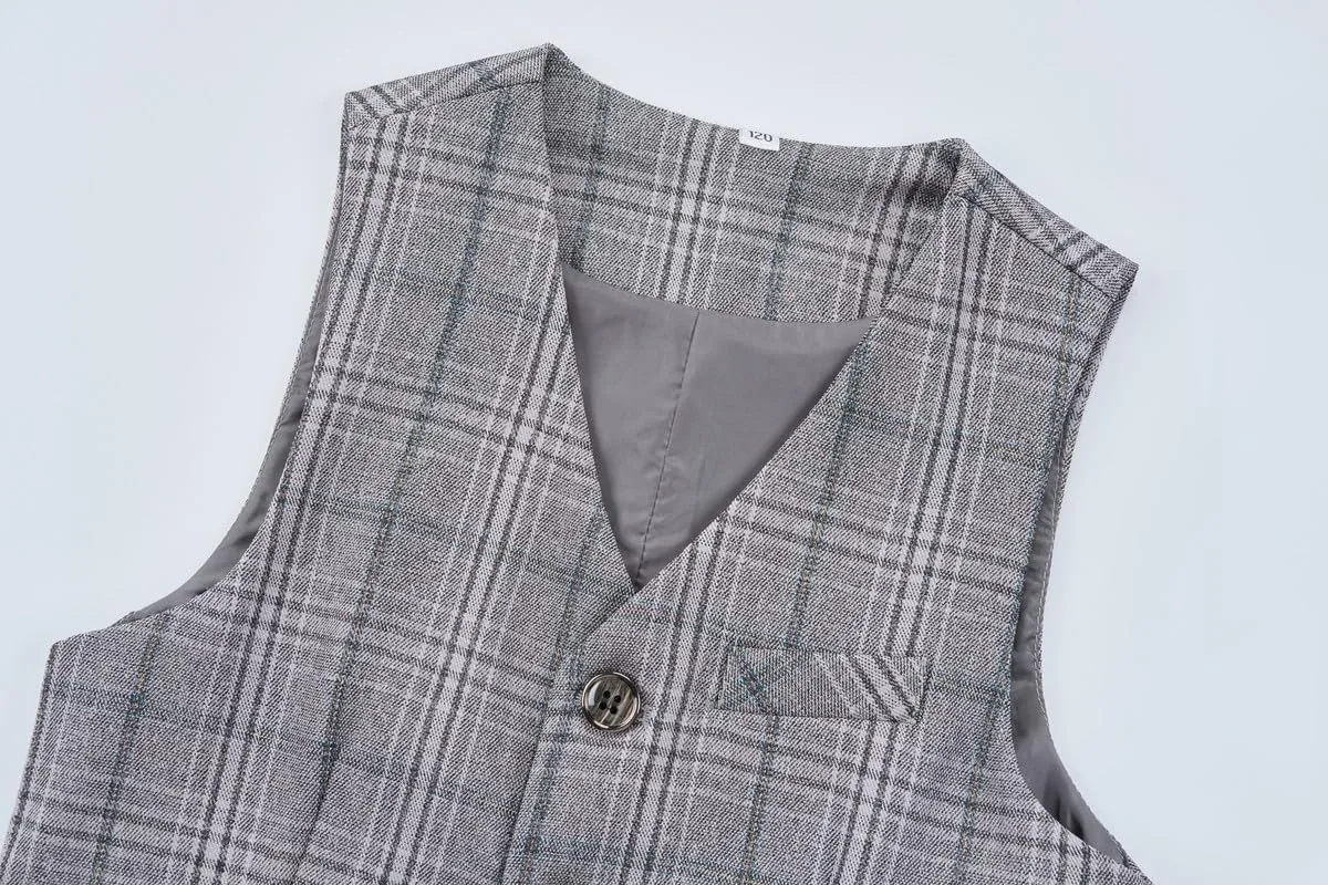 Boys Suits Plaid Double Breasted Kids Tuxedo Blazer Jacket Pants Vest Wedding