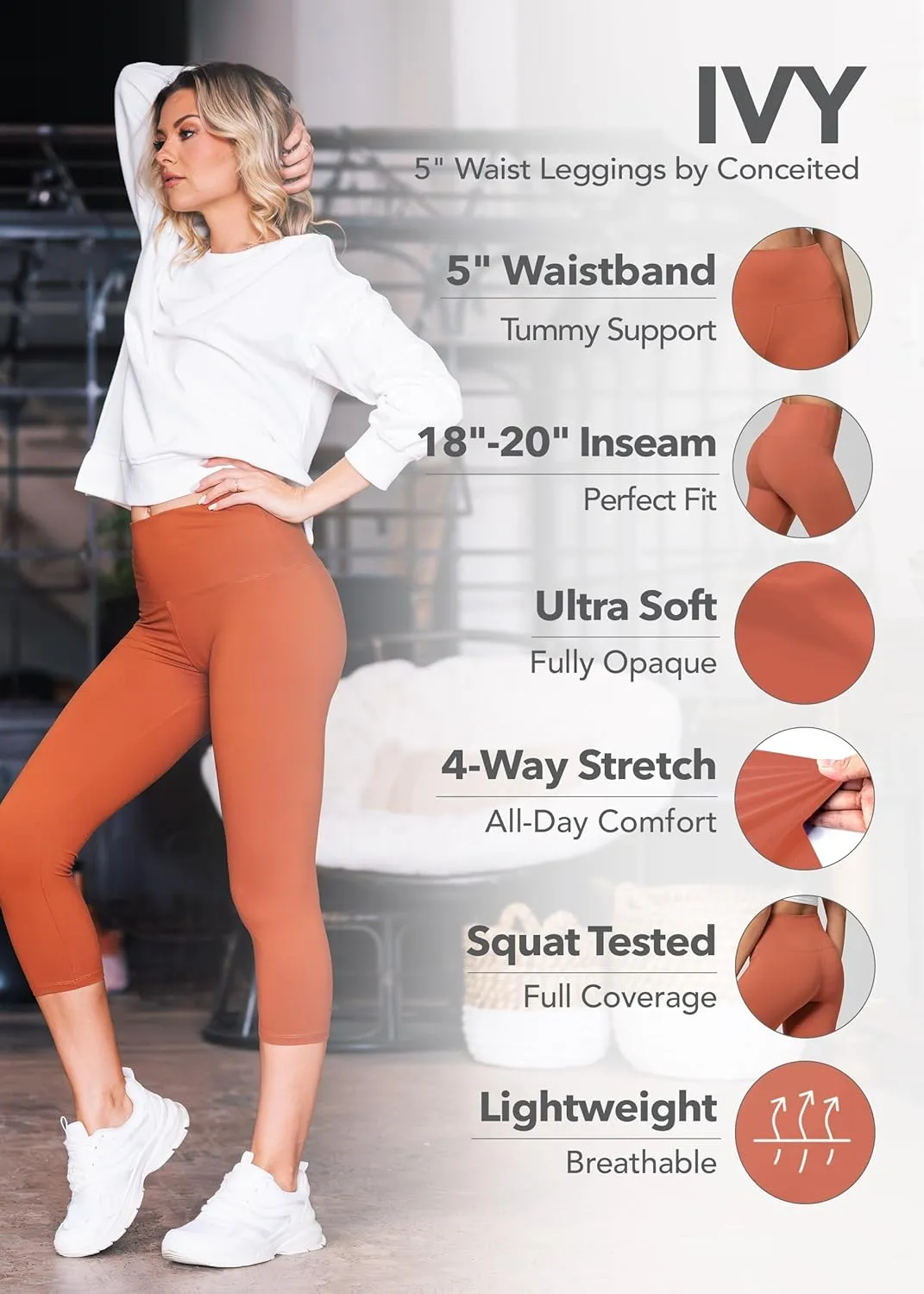 Conceited High Waisted Ultra Soft Leggings for Women - Full Length, Capri Length and Biker Shorts - Available in Plus Size