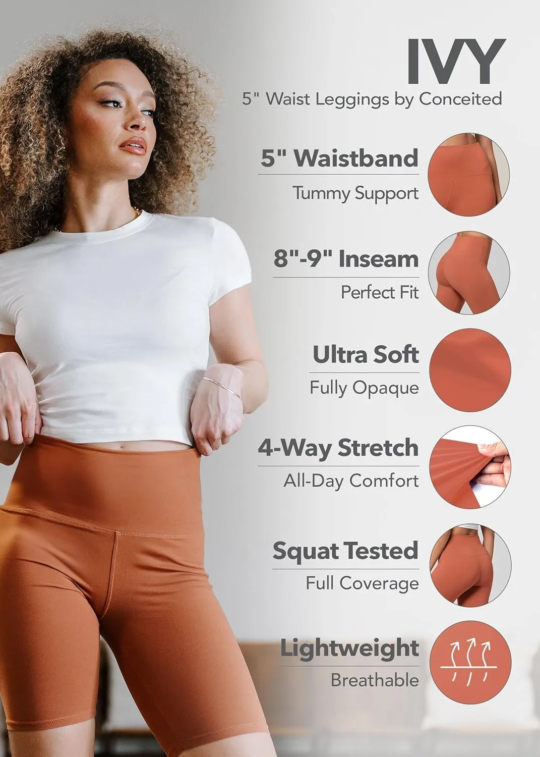 Conceited High Waisted Ultra Soft Leggings for Women - Full Length, Capri Length and Biker Shorts - Available in Plus Size