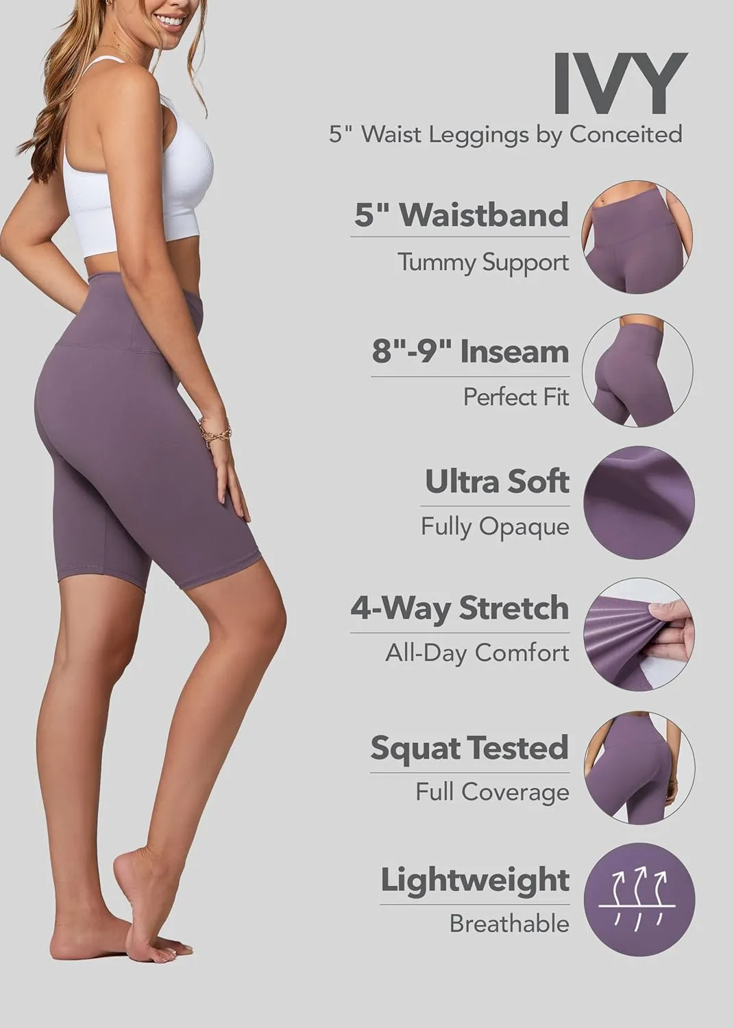 Conceited High Waisted Ultra Soft Leggings for Women - Full Length, Capri Length and Biker Shorts - Available in Plus Size