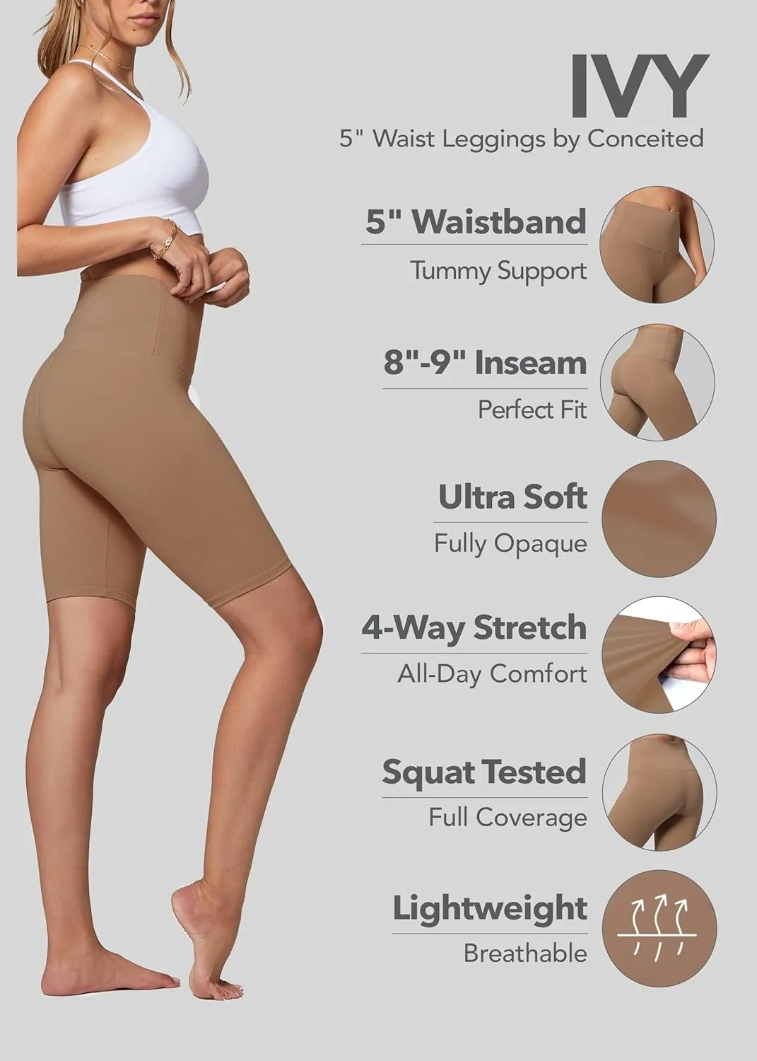 Conceited High Waisted Ultra Soft Leggings for Women - Full Length, Capri Length and Biker Shorts - Available in Plus Size