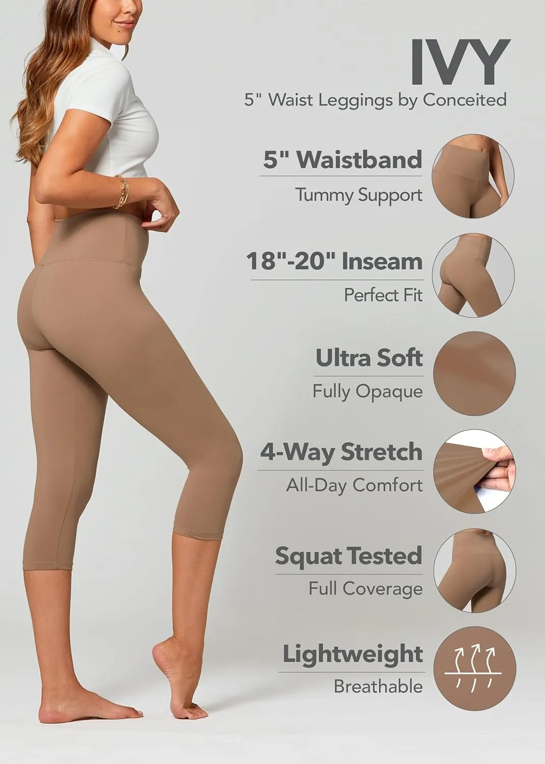 Conceited High Waisted Ultra Soft Leggings for Women - Full Length, Capri Length and Biker Shorts - Available in Plus Size