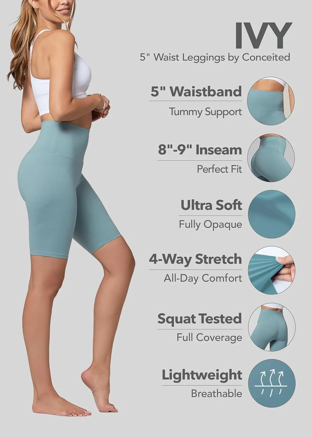 Conceited High Waisted Ultra Soft Leggings for Women - Full Length, Capri Length and Biker Shorts - Available in Plus Size