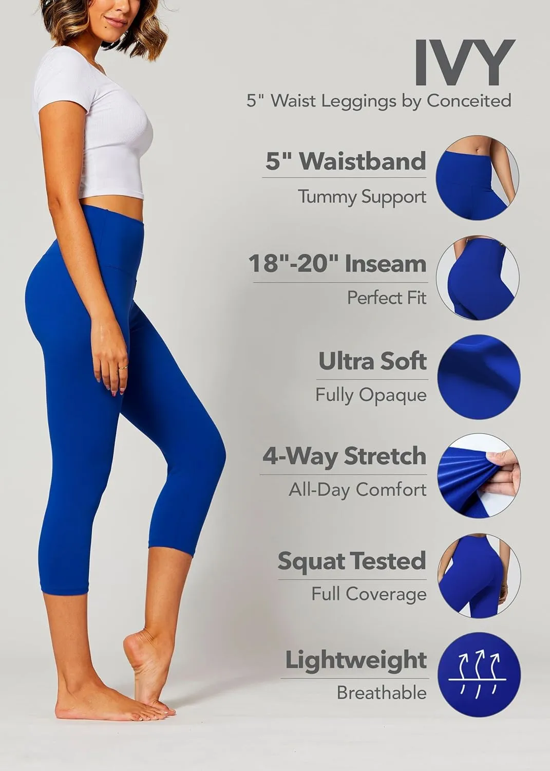 Conceited High Waisted Ultra Soft Leggings for Women - Full Length, Capri Length and Biker Shorts - Available in Plus Size