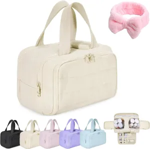 Curetoaway Travel Cosmetic Bag, Large Capacity Wide-Open Travel Cosmetic Bag, Curetoaway Toiletry Bag with 4 Compartments, 0.6lb Ultra Lightweight Toiletry Organizer with Handle (Beige)