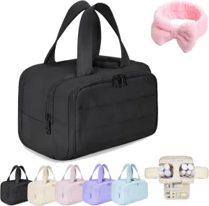 Curetoaway Travel Cosmetic Bag, Large Capacity Wide-Open Travel Cosmetic Bag, Curetoaway Toiletry Bag with 4 Compartments, 0.6lb Ultra Lightweight Toiletry Organizer with Handle (Black)