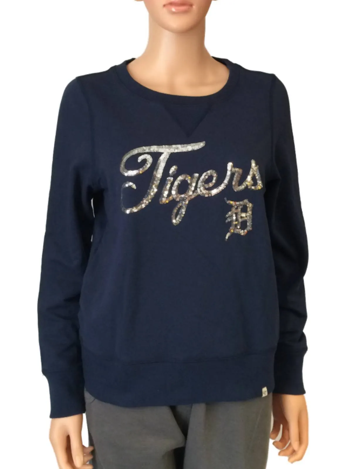 Detroit Tigers 47 Brand WOMENS Navy with Sequin Logo LS Crew Neck Sweatshirt (S)