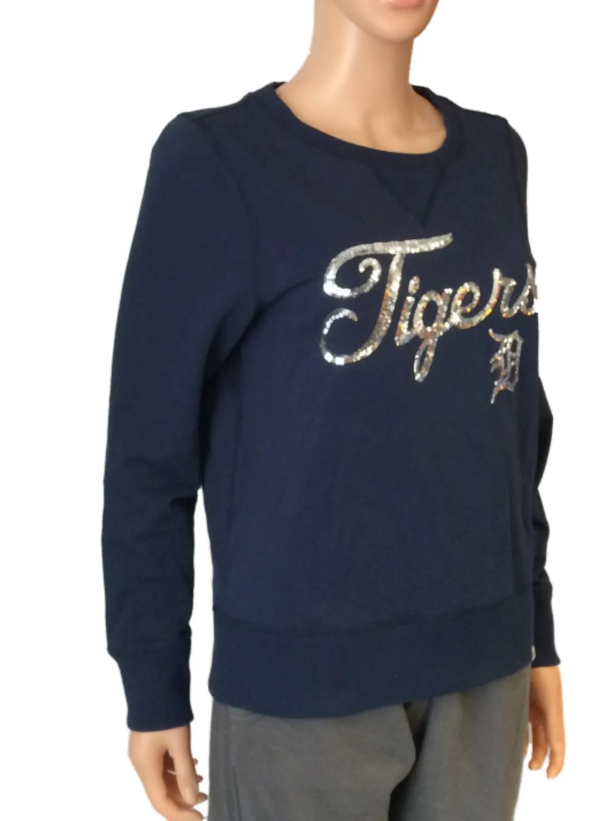 Detroit Tigers 47 Brand WOMENS Navy with Sequin Logo LS Crew Neck Sweatshirt (S)