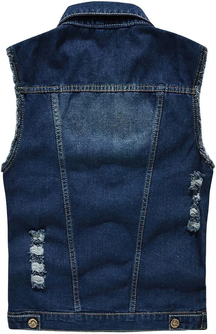 ebossy Men's Ripped Distressed Denim Vest Sleeveless Button Up Jean Vest Jacket