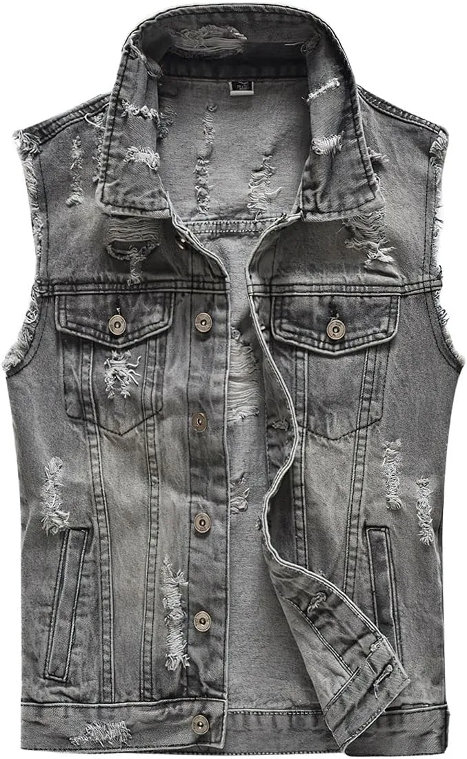 ebossy Men's Ripped Distressed Denim Vest Sleeveless Button Up Jean Vest Jacket