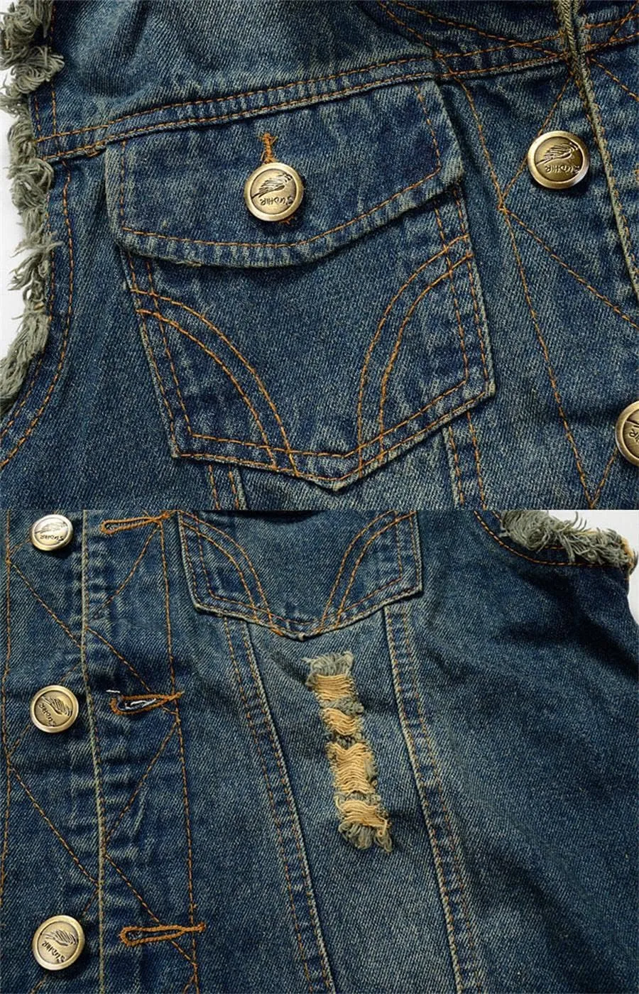 ebossy Men's Ripped Distressed Denim Vest Sleeveless Button Up Jean Vest Jacket