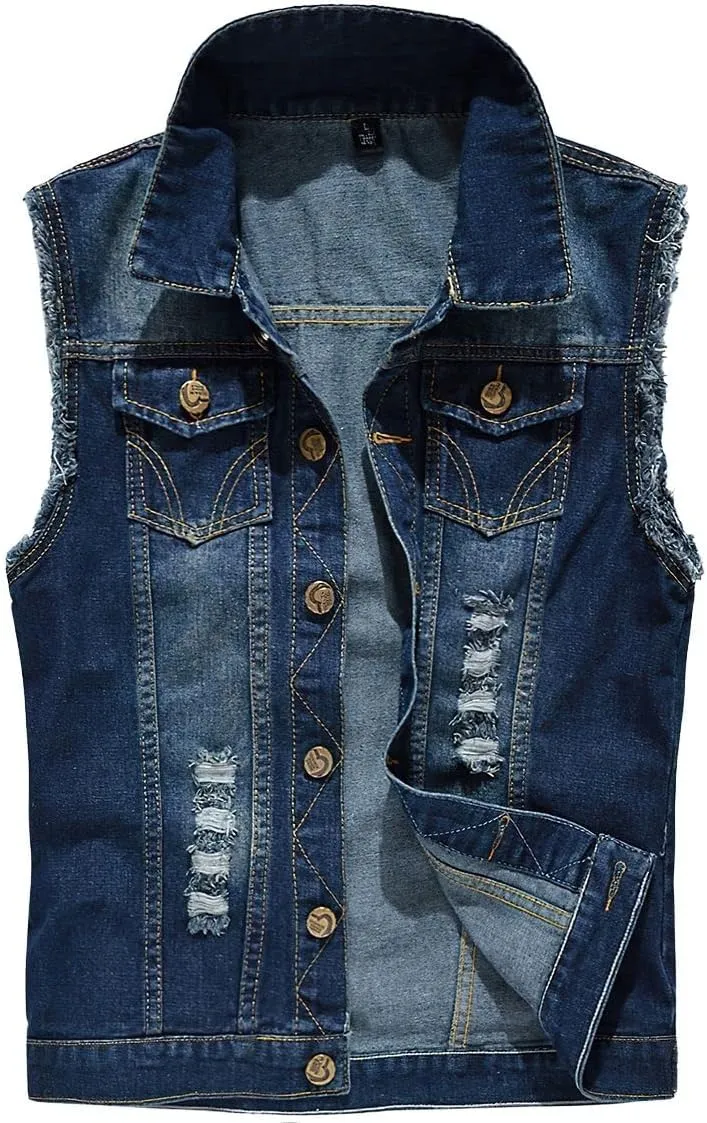 ebossy Men's Ripped Distressed Denim Vest Sleeveless Button Up Jean Vest Jacket