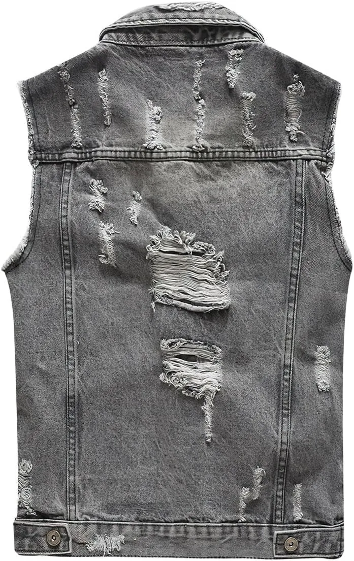 ebossy Men's Ripped Distressed Denim Vest Sleeveless Button Up Jean Vest Jacket