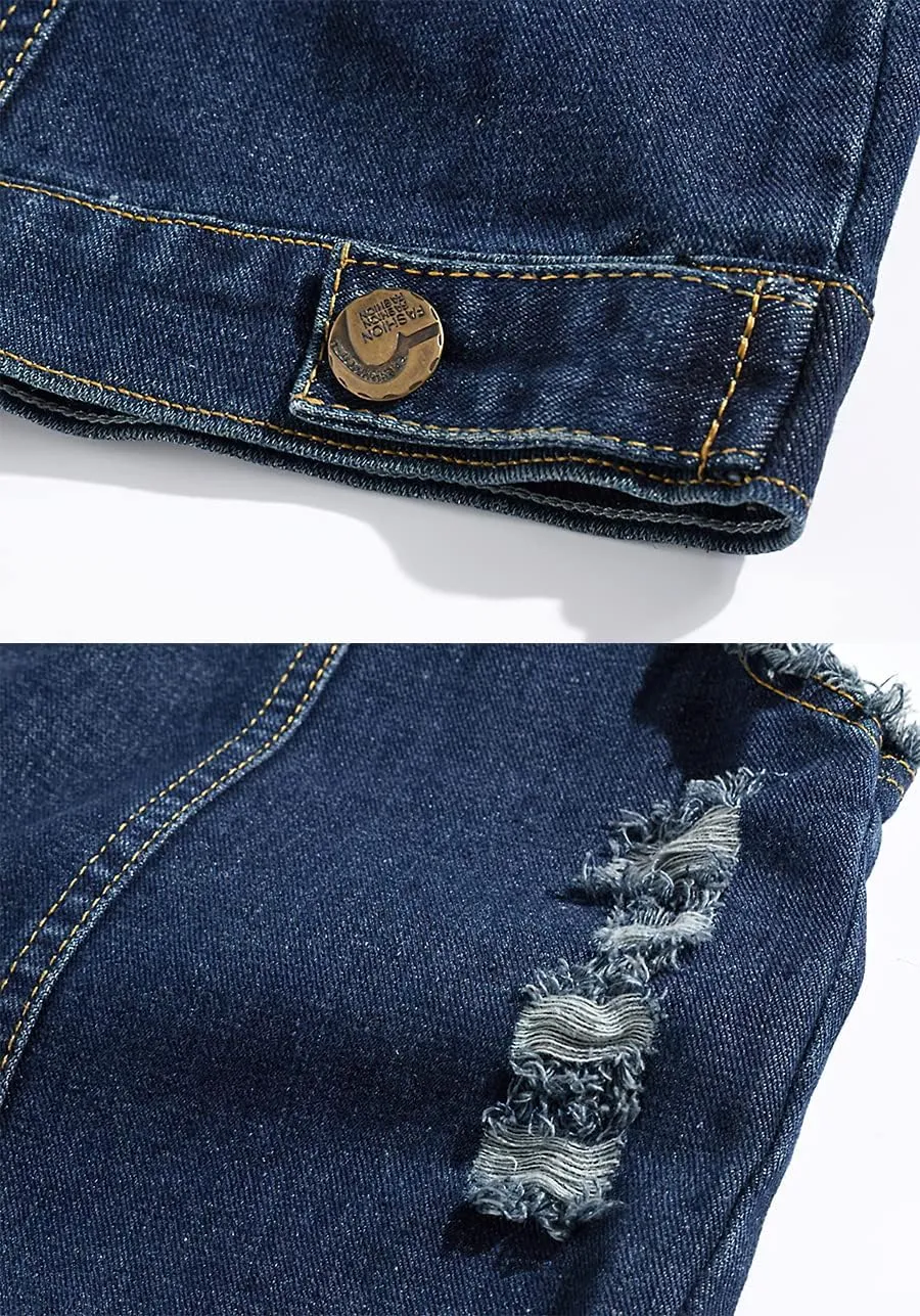 ebossy Men's Ripped Distressed Denim Vest Sleeveless Button Up Jean Vest Jacket
