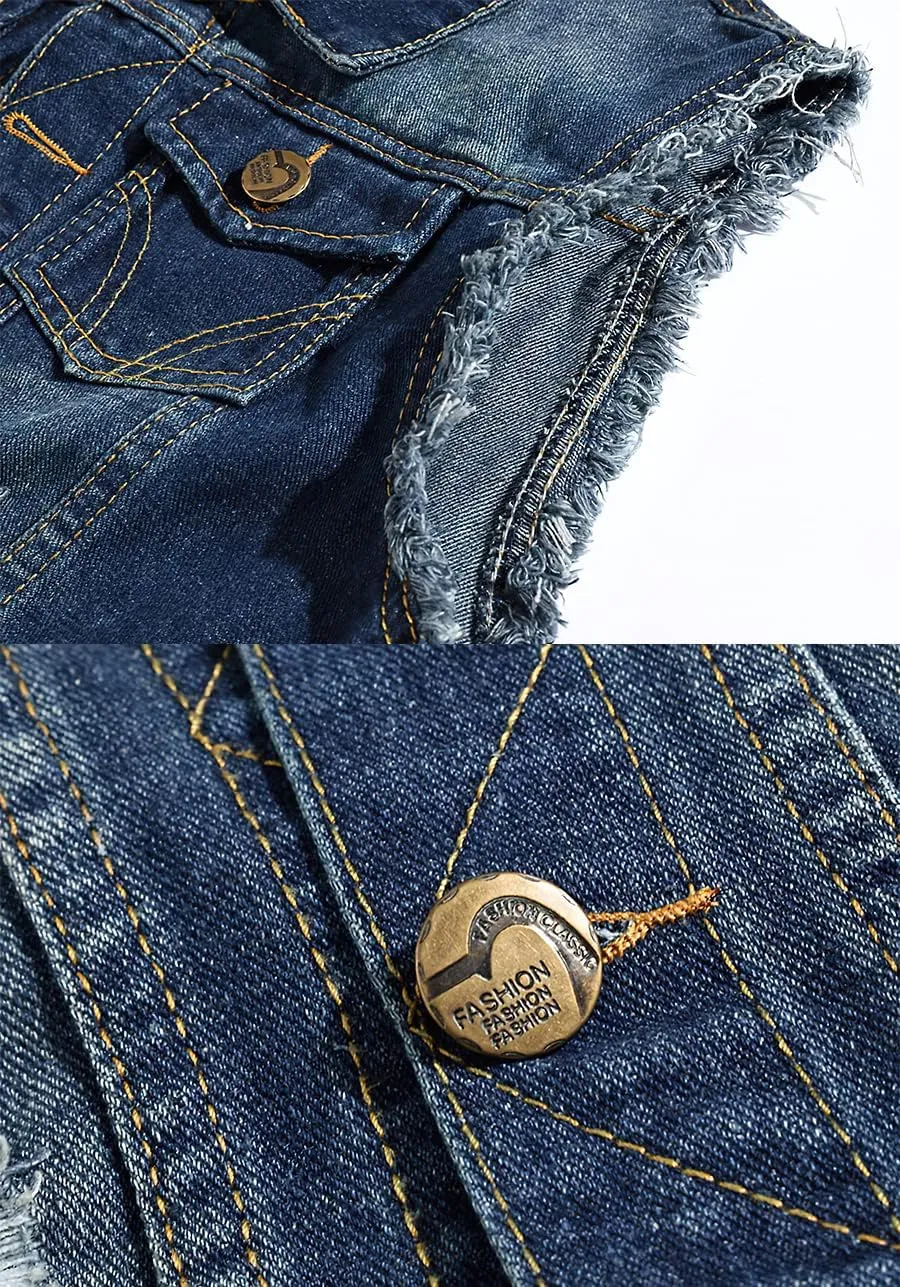 ebossy Men's Ripped Distressed Denim Vest Sleeveless Button Up Jean Vest Jacket