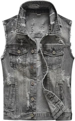 ebossy Men's Ripped Distressed Denim Vest Sleeveless Button Up Jean Vest Jacket