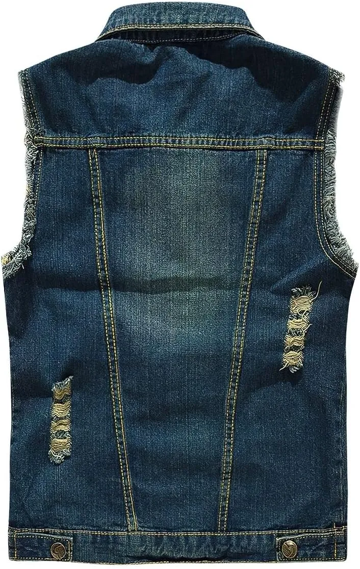 ebossy Men's Ripped Distressed Denim Vest Sleeveless Button Up Jean Vest Jacket