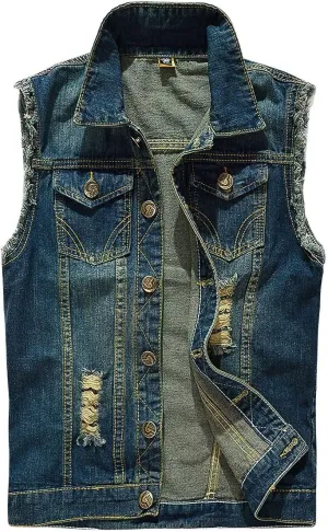 ebossy Men's Ripped Distressed Denim Vest Sleeveless Button Up Jean Vest Jacket