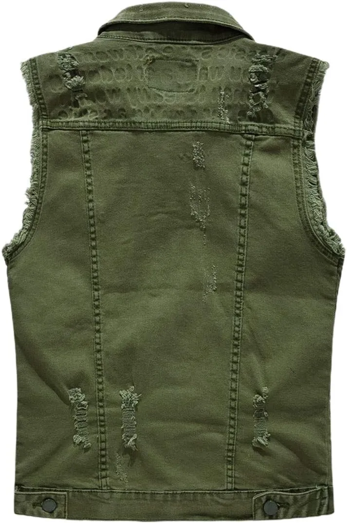 ebossy Men's Ripped Distressed Denim Vest Sleeveless Button Up Jean Vest Jacket