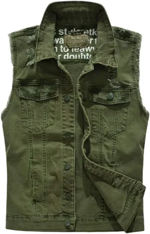 ebossy Men's Ripped Distressed Denim Vest Sleeveless Button Up Jean Vest Jacket