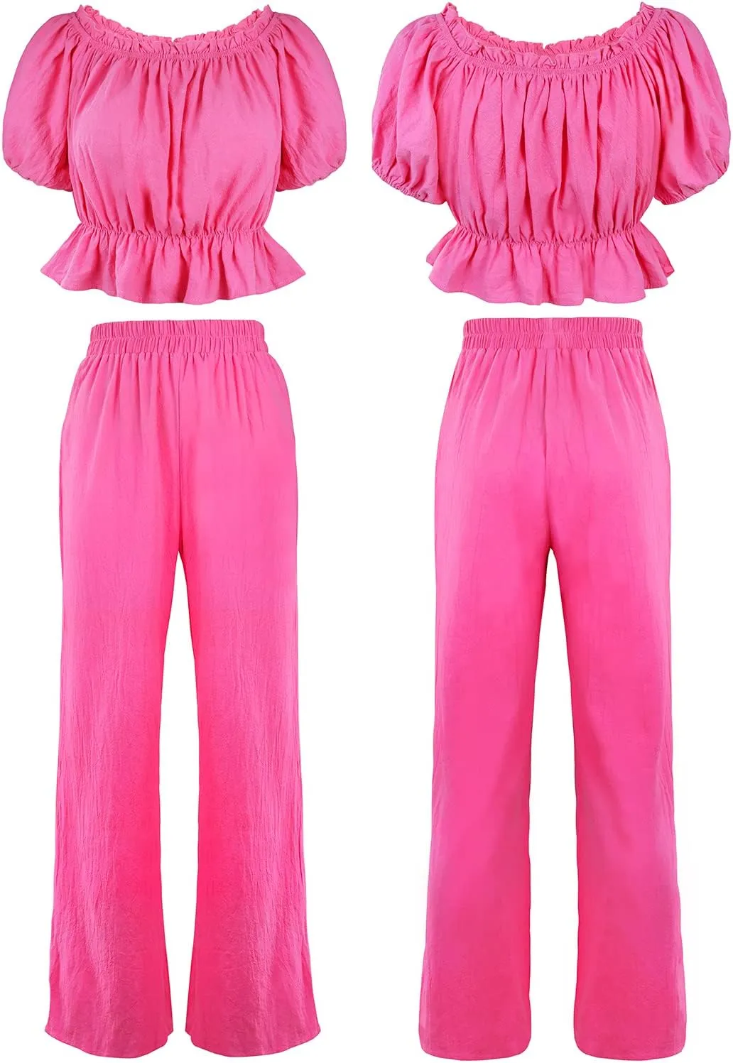 FANCYINN Women's Summer 2 Piece Outfit Off Shoulder Balloon Sleeves Ruffle Crop Top Wide Leg Pants Set Jumpsuits