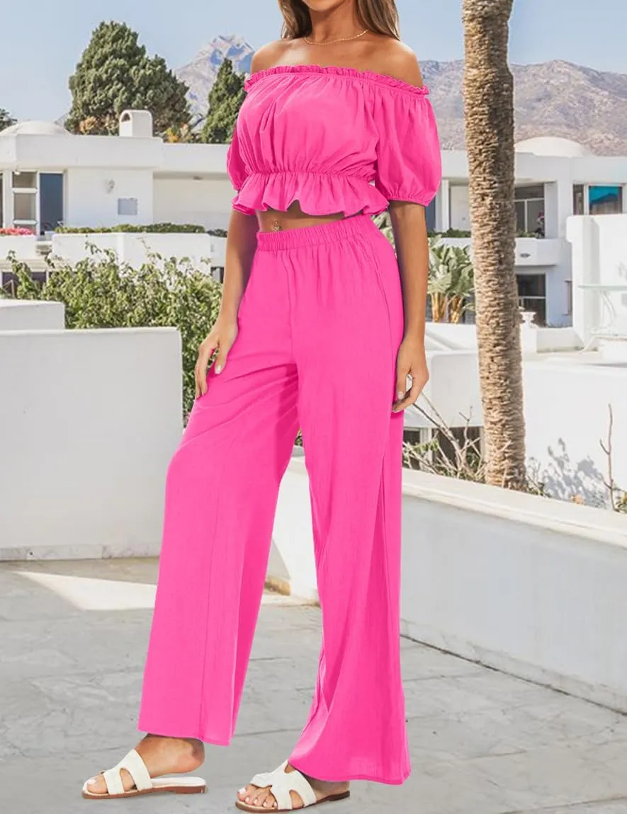 FANCYINN Women's Summer 2 Piece Outfit Off Shoulder Balloon Sleeves Ruffle Crop Top Wide Leg Pants Set Jumpsuits