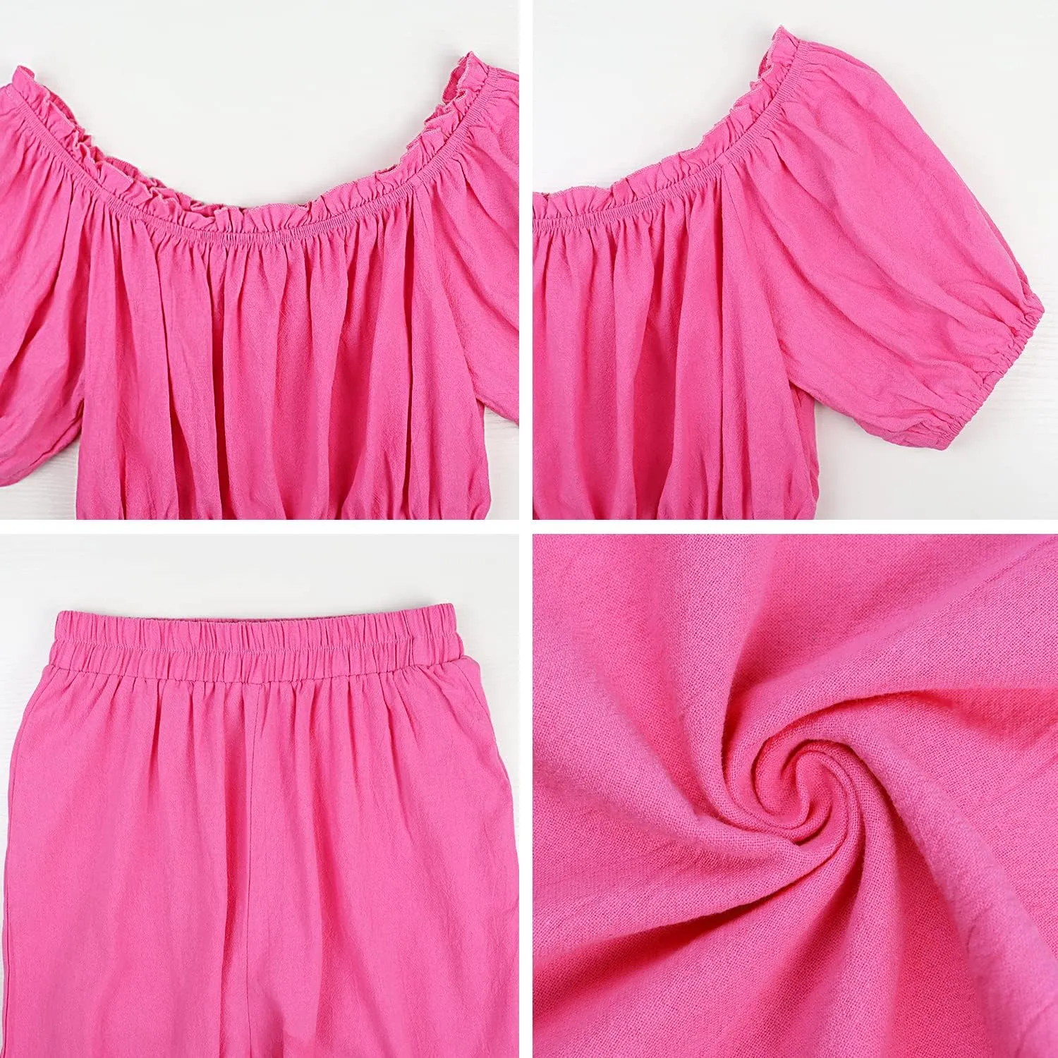 FANCYINN Women's Summer 2 Piece Outfit Off Shoulder Balloon Sleeves Ruffle Crop Top Wide Leg Pants Set Jumpsuits