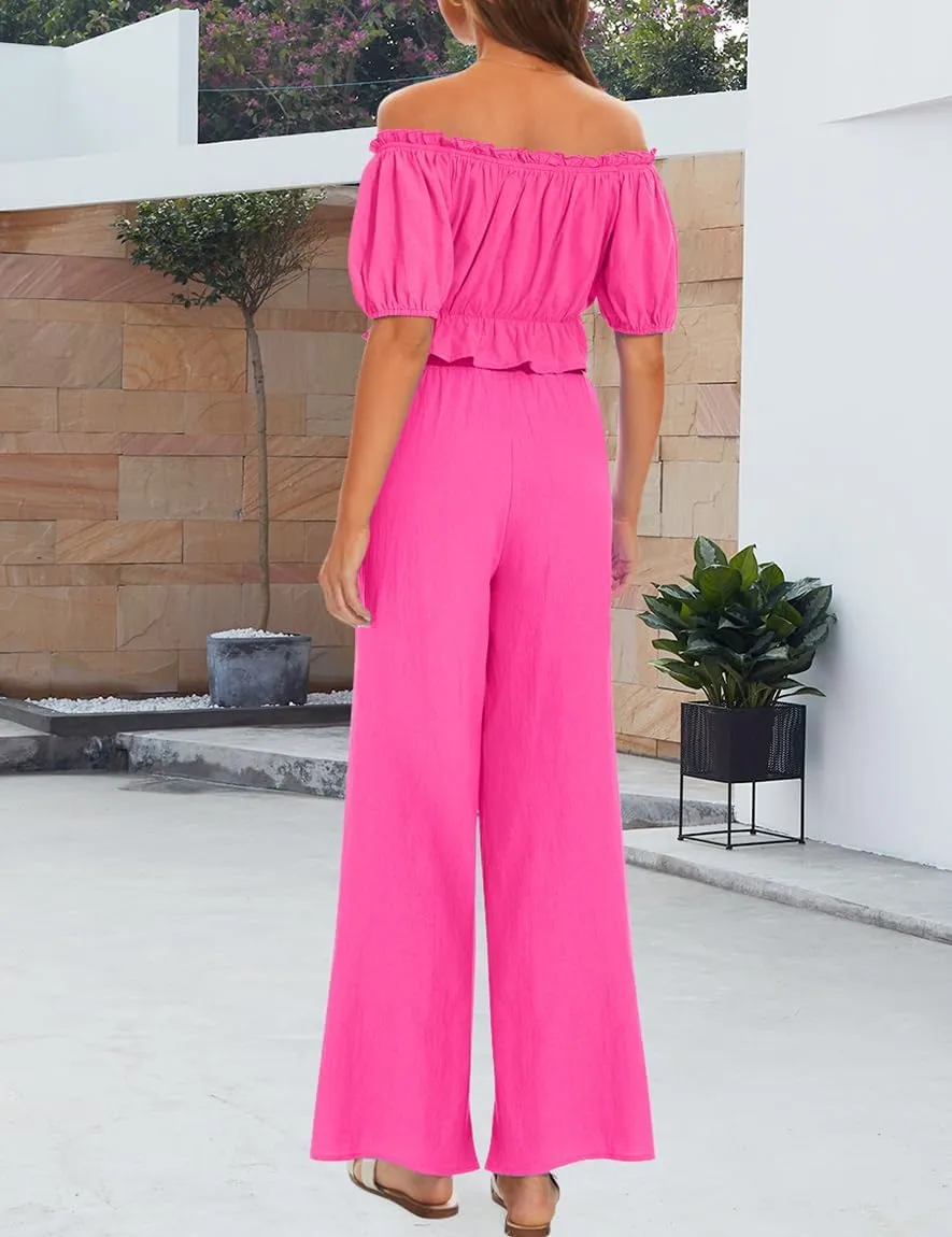 FANCYINN Women's Summer 2 Piece Outfit Off Shoulder Balloon Sleeves Ruffle Crop Top Wide Leg Pants Set Jumpsuits