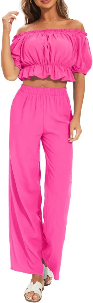 FANCYINN Women's Summer 2 Piece Outfit Off Shoulder Balloon Sleeves Ruffle Crop Top Wide Leg Pants Set Jumpsuits