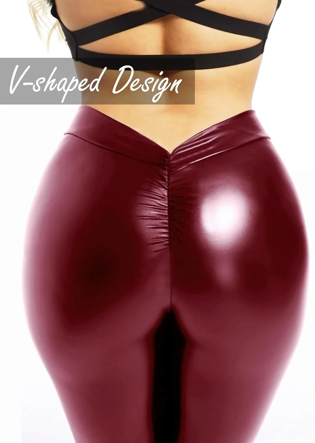 Faux Leather V-Back Leggings for Women High Waisted Tummy Control Sexy Fashion Ruched Butt Stretch Pu Pleather Tights