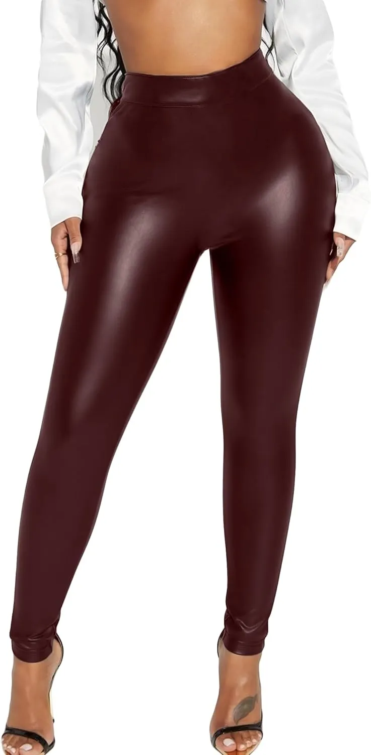 Faux Leather V-Back Leggings for Women High Waisted Tummy Control Sexy Fashion Ruched Butt Stretch Pu Pleather Tights