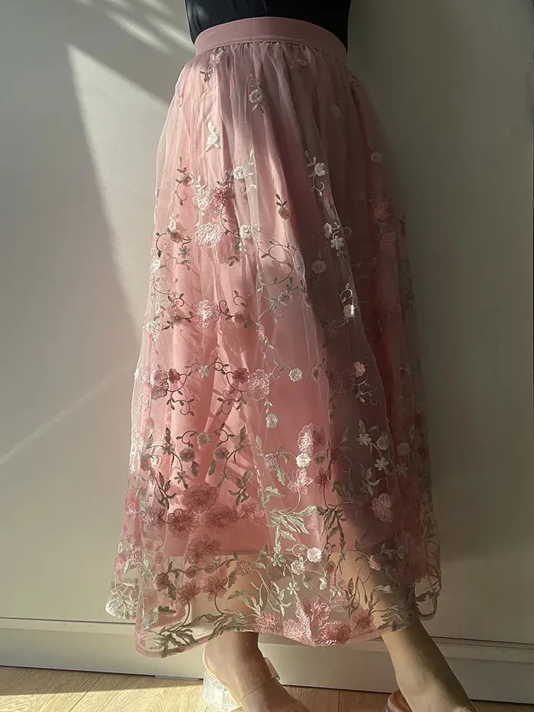 Girlary Embroidered Mesh Pink Skirts High Waist Floral Summer Girl Long Skirt Vintage Elegant Womens Clothing
