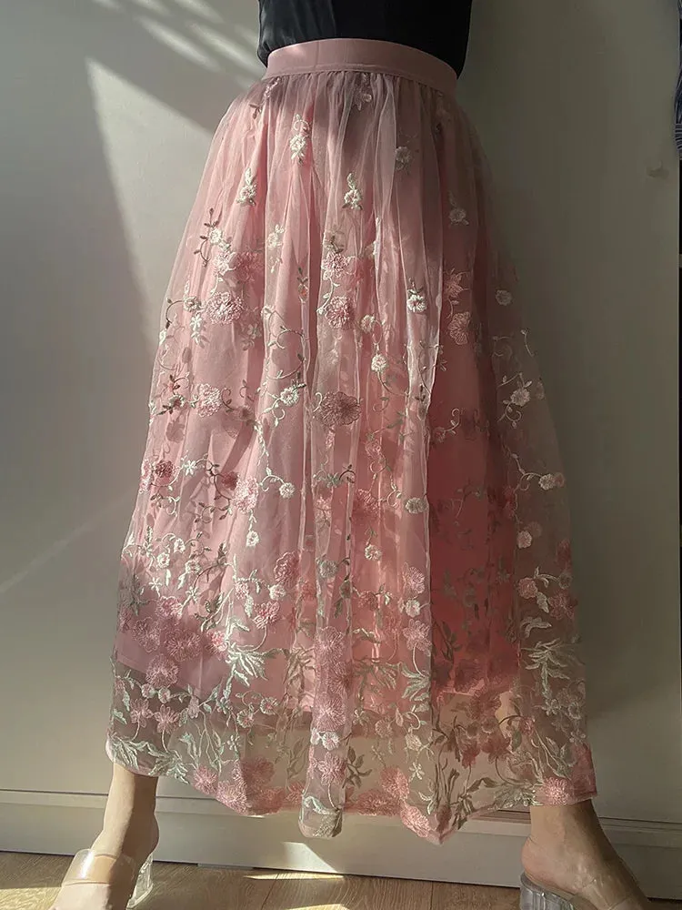 Girlary Embroidered Mesh Pink Skirts High Waist Floral Summer Girl Long Skirt Vintage Elegant Womens Clothing