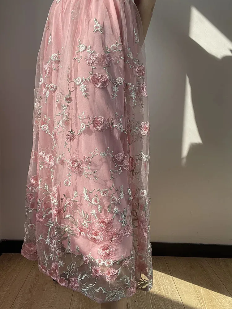 Girlary Embroidered Mesh Pink Skirts High Waist Floral Summer Girl Long Skirt Vintage Elegant Womens Clothing