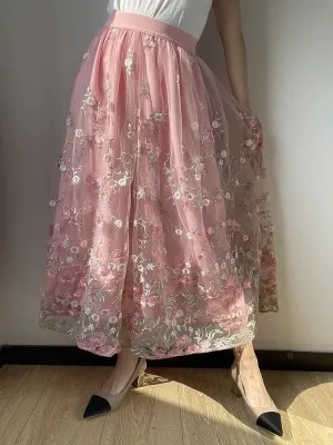 Girlary Embroidered Mesh Pink Skirts High Waist Floral Summer Girl Long Skirt Vintage Elegant Womens Clothing