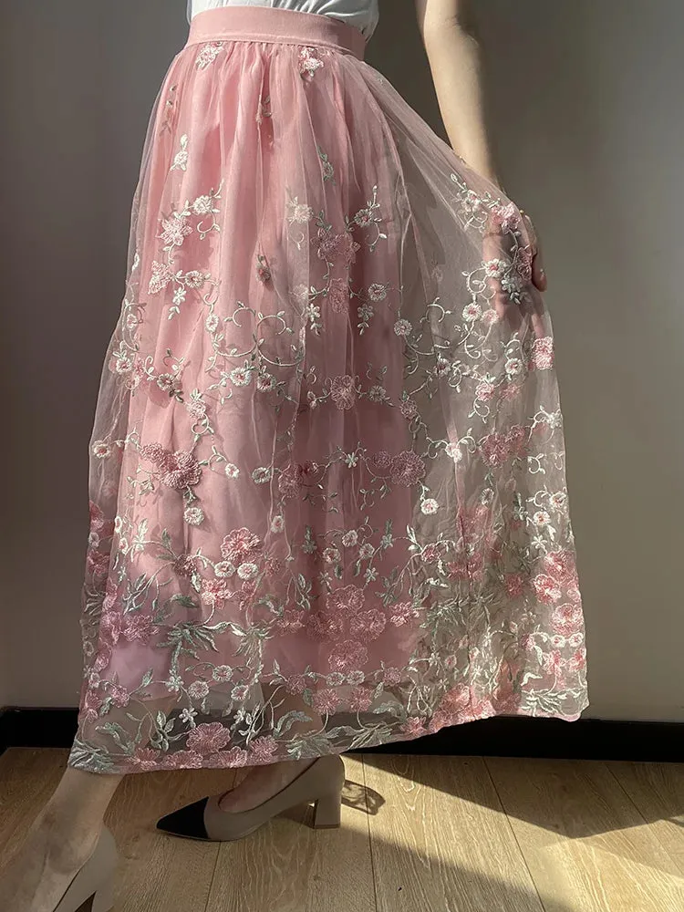Girlary Embroidered Mesh Pink Skirts High Waist Floral Summer Girl Long Skirt Vintage Elegant Womens Clothing