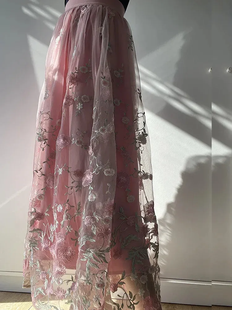 Girlary Embroidered Mesh Pink Skirts High Waist Floral Summer Girl Long Skirt Vintage Elegant Womens Clothing