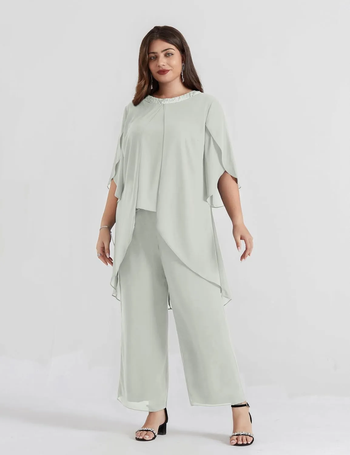 Hanna Nikole Plus Size Mother of The Bride Pant Suits 2 Piece Chiffon Sets Dressy Wedding Guest Outfit with High Low Hem