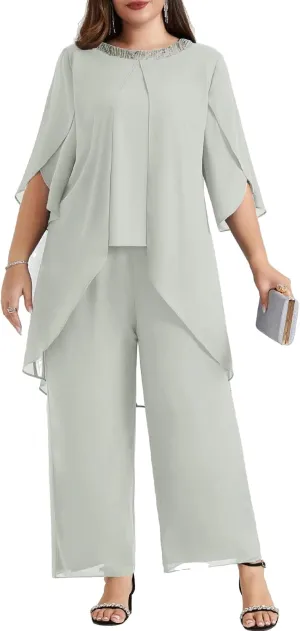 Hanna Nikole Plus Size Mother of The Bride Pant Suits 2 Piece Chiffon Sets Dressy Wedding Guest Outfit with High Low Hem
